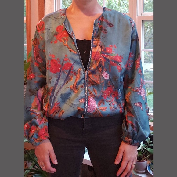 Teal Floral Satin Bomber Jacket - Picture 1 of 3